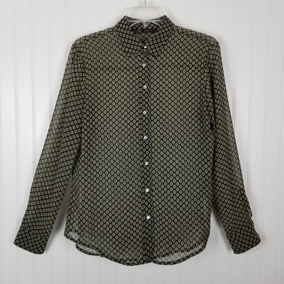 Zara Basic Sheer Print Button Up Blouse Womens Geometric Green Tan Size Medium - Picture 10 of 10